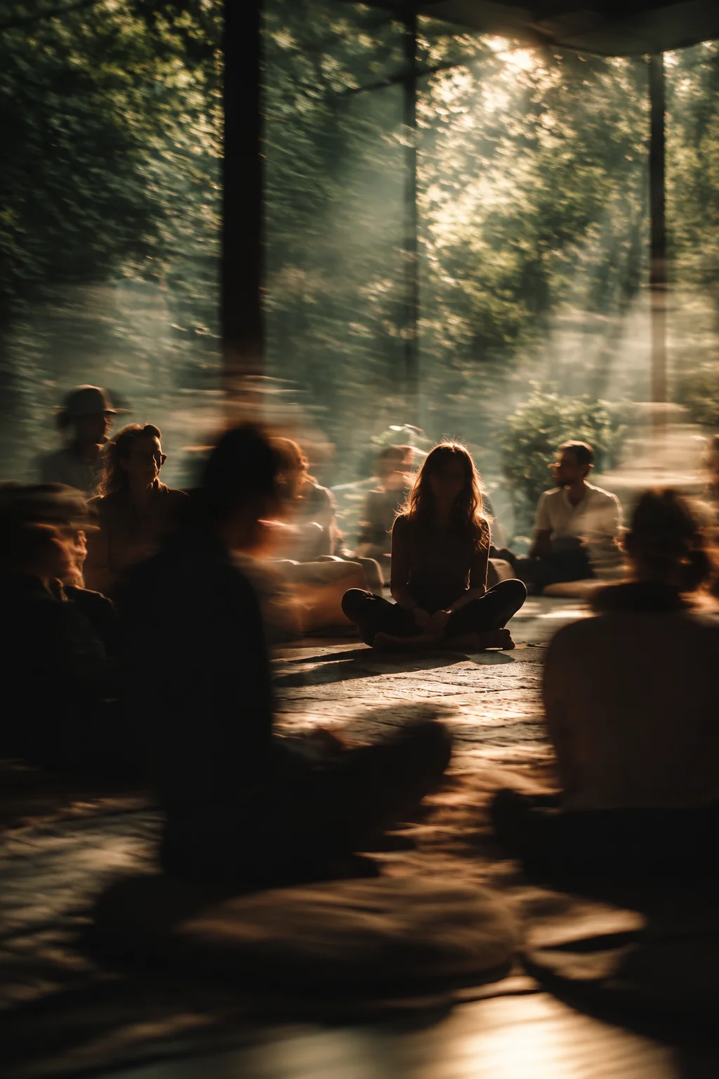People seated in a circle, surrounded by trees and warm sunlight